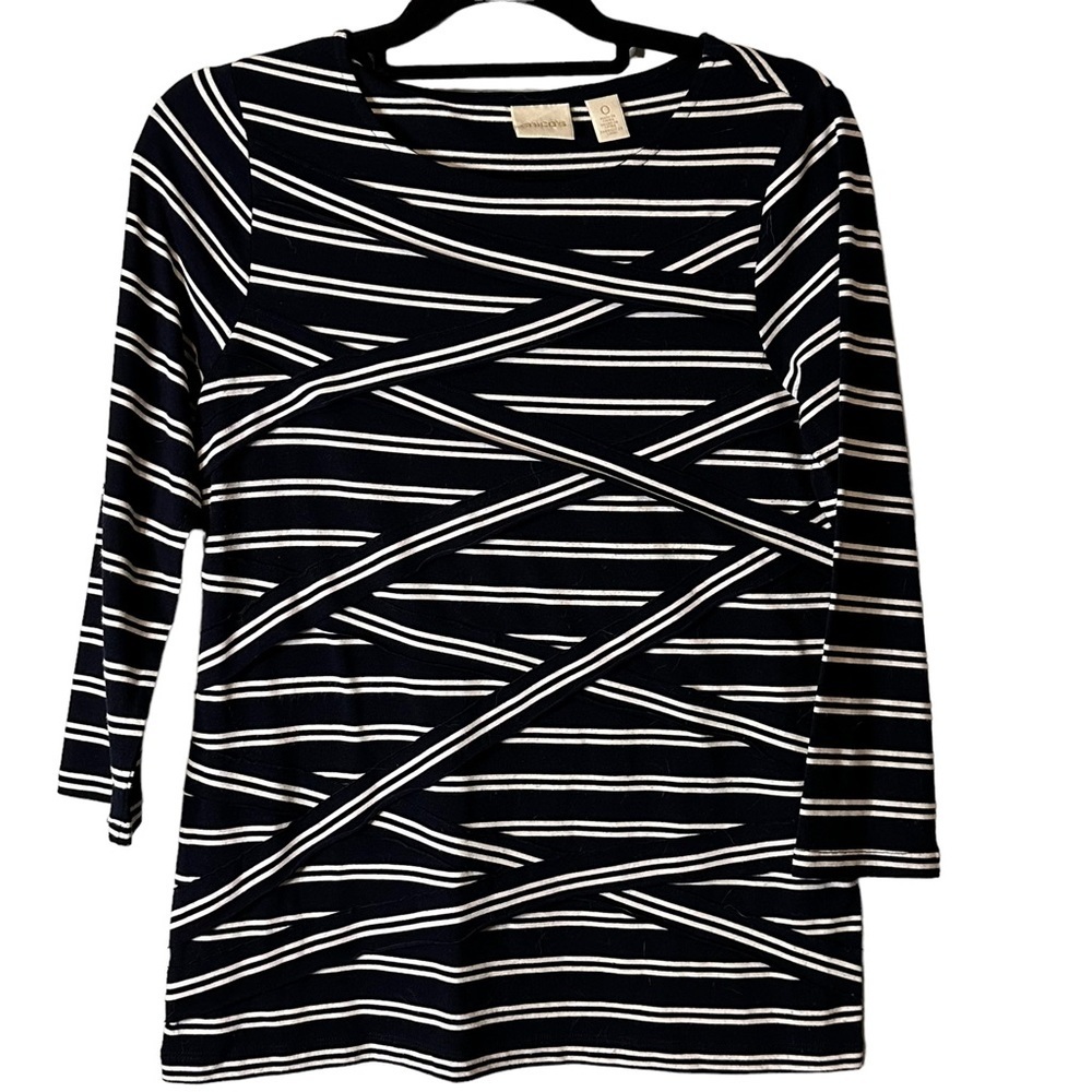 Chico’s Layered Double-Stripe Top Black White Striped  Vanity Size 0/US‎ Small
